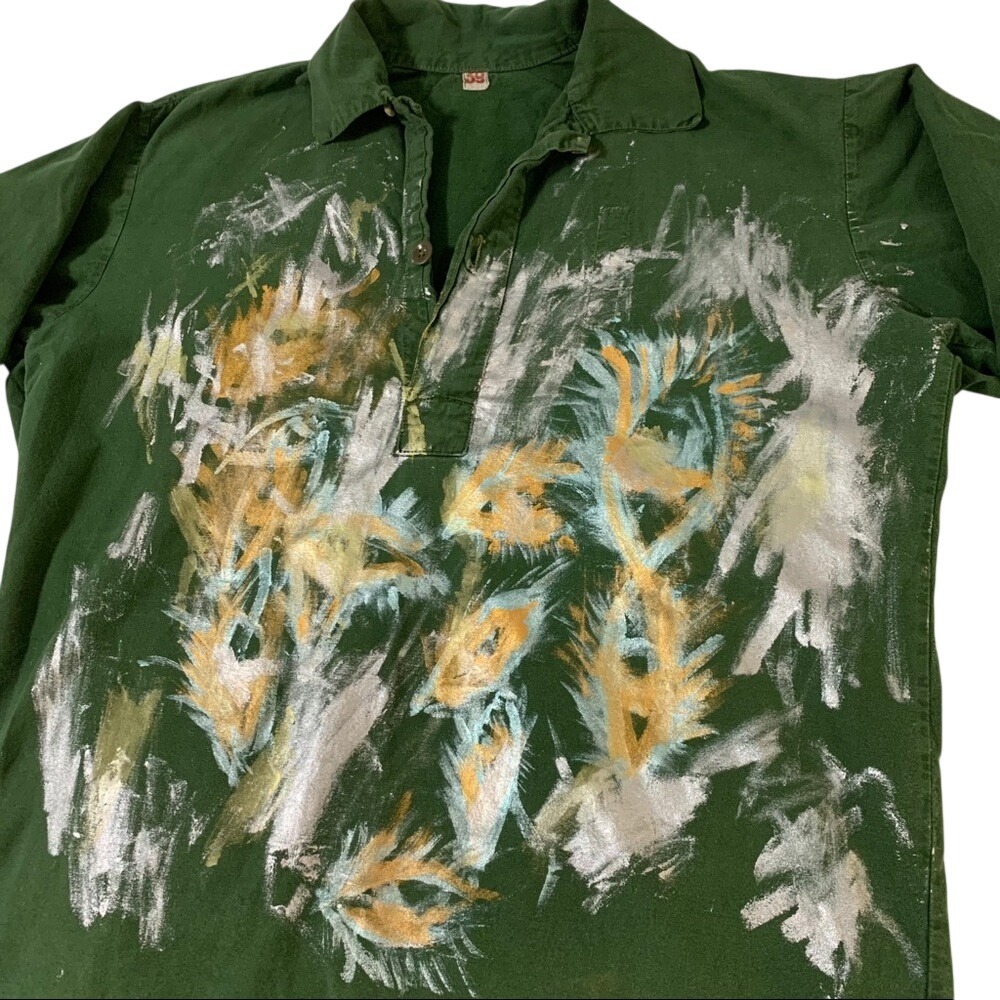 Artisan Lovely Star Green Long Sleeve Painted Shirt with Abstract Artwork